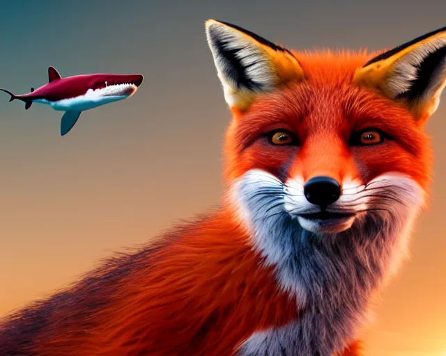 Image similar to a portrait of a fox with a shark in its mouth, cinematic, 8 k, raytracing, fantasy artwork, detailed, realistic