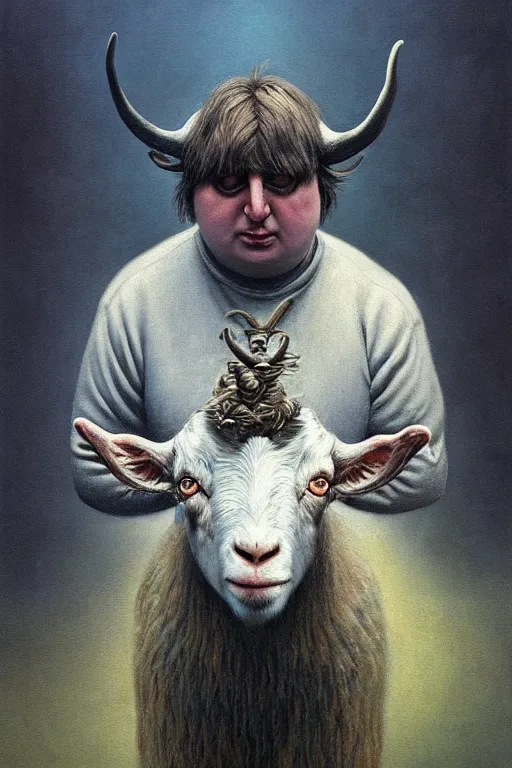 Image similar to painting of hybrid between human andy milonakis and a goat, by zdzislaw beksinski, by tiffany bozic, cold hue's, warm tone gradient background, concept art, beautiful composition, digital painting