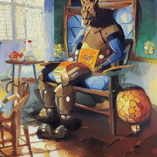 Image similar to a humanoid german shepherd beast - man, sitting and watching a soccer match in his house on television, he has hurt his knee and is a dad, by erin hanson, alexi zaitsev, karl spitzweg, award winning, tv set