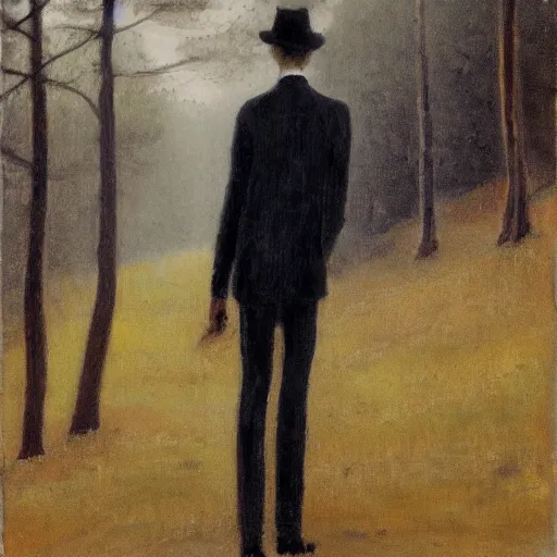 Prompt: tonalism slim tall man in the woods