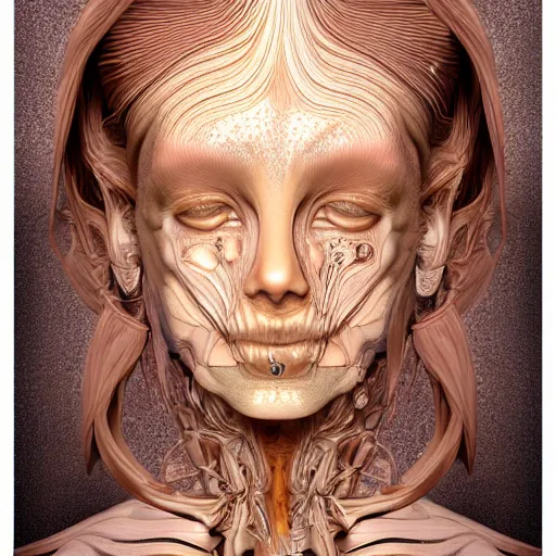 Image similar to beatifull face portrait of a woman, 150 mm, anatomical, flesh, flowers, mandelbrot fractal, facial muscles, veins, arteries, intricate, golden ratio, full frame, microscopic, elegant, highly detailed, ornate, ornament, sculpture, elegant , luxury, beautifully lit, ray trace, unreal, 3d, PBR, in the style of peter Gric , alex grey and Romero Ressendi