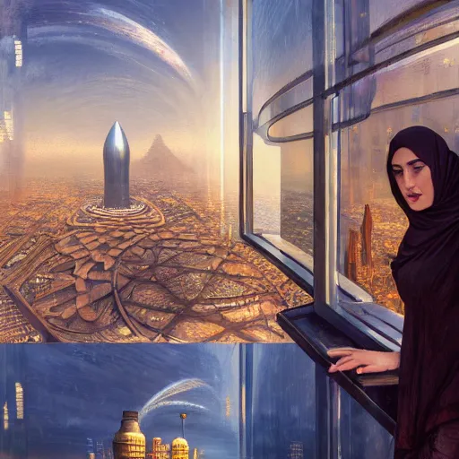 Image similar to detailed face of an arabic woman, tectonic cityscape, skydome, reactor, utopian, wet reflections, prism, atmospheric, ambient, pj crook, syd mead, livia prima, artgerm, greg rutkowski, nick alm, casey baugh