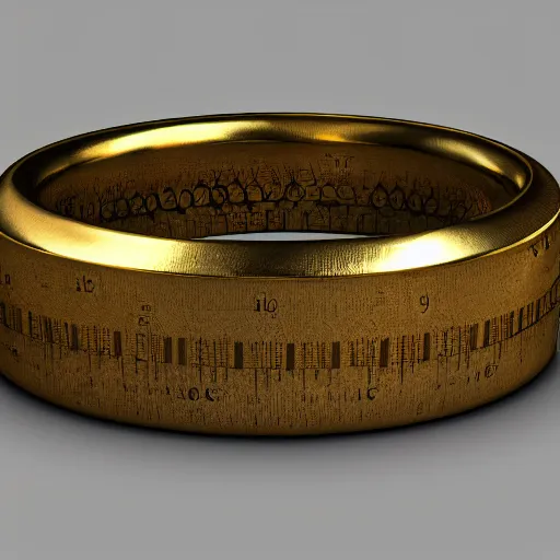 Image similar to the ring from lord if the rings with an imprinted ruler, cm scale imprinted on the inside of the ring, one ring to rule them all, highly detailed, 8 k, trending on artstation, mystic, rpg artwork