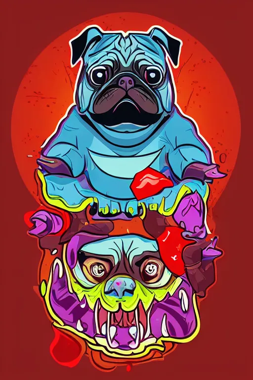 Image similar to Evil pug, the devil, sticker, blood thirsty, spawn of Satan, blood, evil, colorful, illustration, highly detailed, simple, smooth and clean vector curves, no jagged lines, vector art, smooth