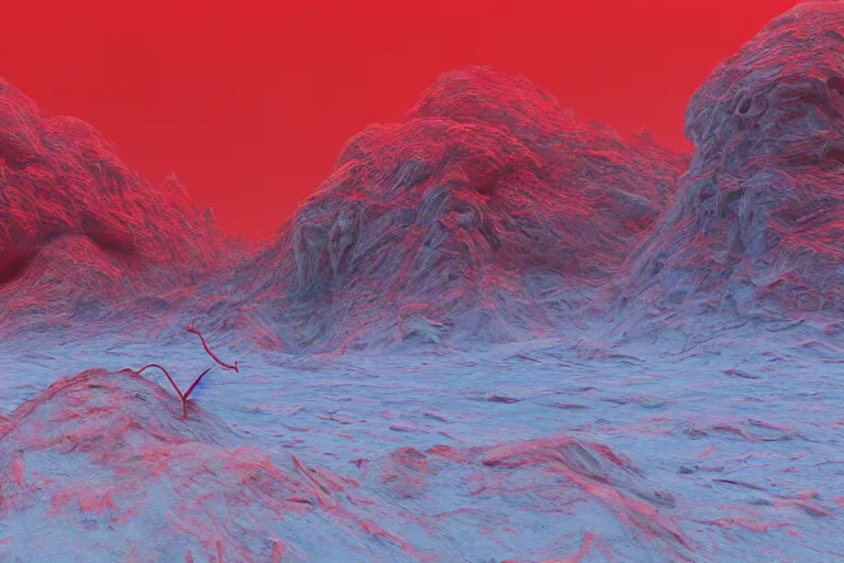 Image similar to a hd render of a surreal frozen landscape, cinematic lighting, by beeple and zdzisław beksinski, red color scheme
