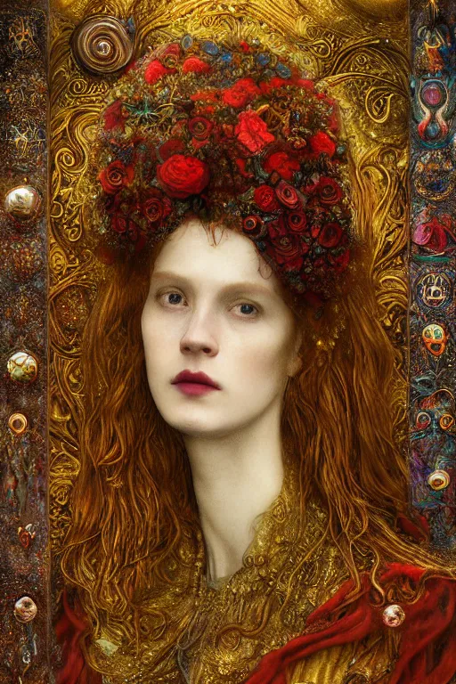 Prompt: preraphaelite upper body portrait sigil with the intent of remembering compassion lovecraftian red queen by agostino arrivabene, klimt, gustave moreau, gilded. floral, biomechanical illuminated text ornaments and gems hdr 8 k 3 d dslr hdr trending on artstation rendered with cryengine