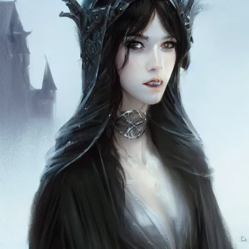 Image similar to beautiful girl, portrait, ice magic, long face, sharp features, black hair, dark robe, sharp focus, intricate, elegant, highly detailed, cgsociety, trending on artstation, dnd, castle background, warm light, concept art, illustration