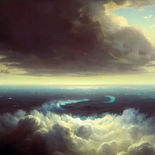 Image similar to islands in an ocean of clouds populated by an ancient civilization, oil painting, by greg rutkowski