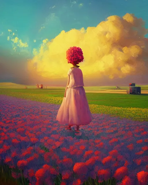 Image similar to girl with a giant carnation head, surreal photography, flower field, sunset dramatic light, impressionist painting, colorful clouds, blue sky, digital painting, artstation, simon stalenhag