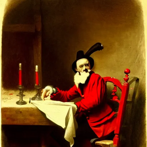 Prompt: 1862, a plotting man in a red jester suit sitting in a wooden chair near a table covered with cloth. the room is dimly lit. art style of Jan Matejko, ominous, realistic, highly detailed