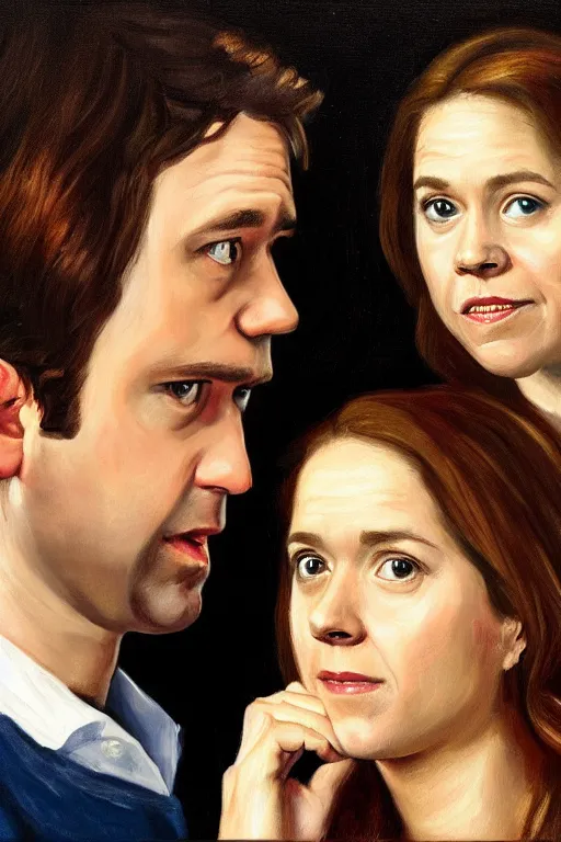 Prompt: portrait painting of jim halpert and pam beesly, in the style of caravaggio