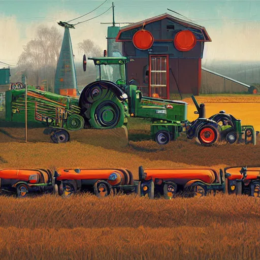 Image similar to farm tractors revolution, machine revolution, art by simon stalenhag