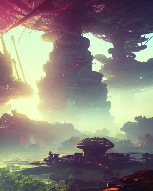 Prompt: beautiful landscape, nier automata, protoss temple!!!, machine planet, pink sun, tropical forest, colorful light, advanced technology, cinematic lighting, highly detailed, masterpiece, art by bastien grivet and darwin cellis and jan urschel