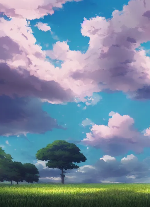 Prompt: painting of a landscape with clouds and grass, a matte painting by makoto shinkai, featured on pixiv, color field, anime aesthetic, anime