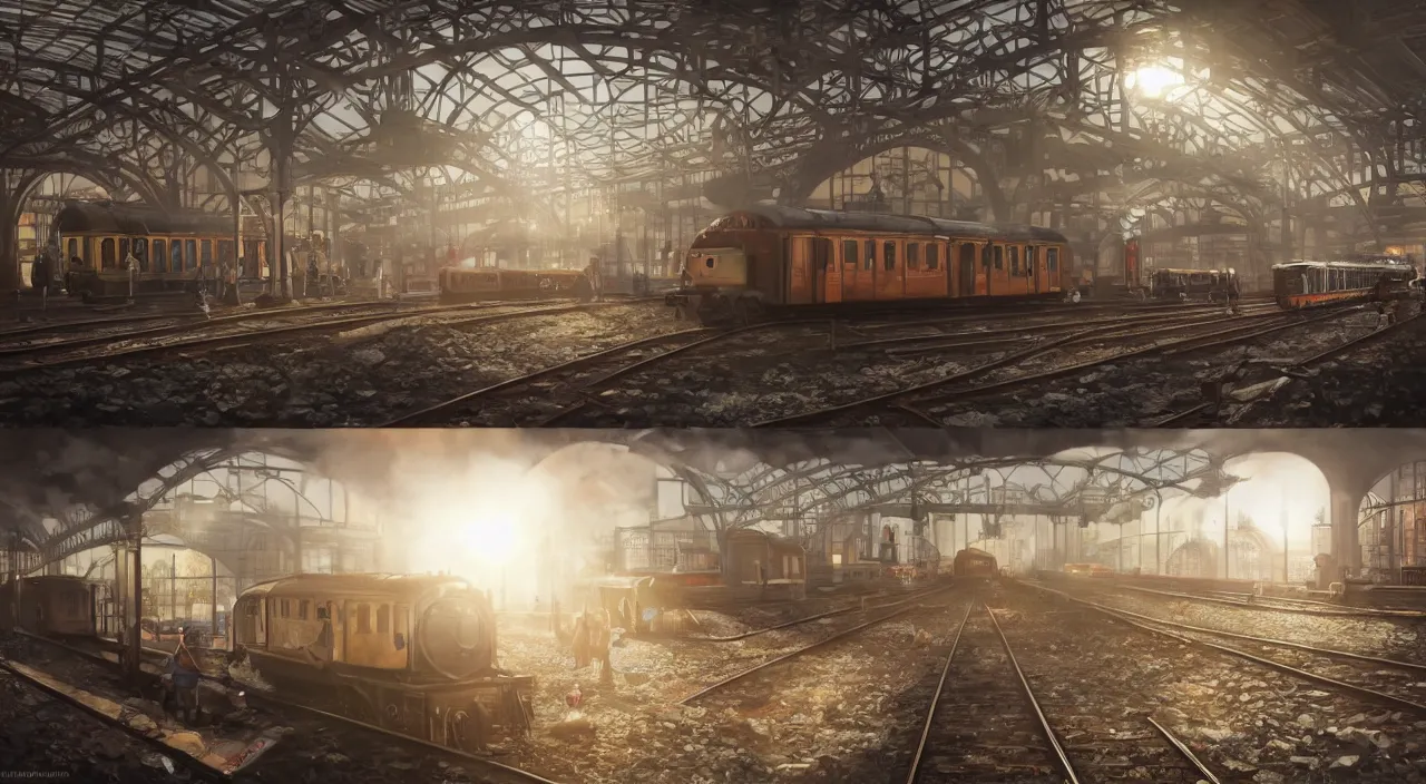 Prompt: photorealistic subway station with arriving steam trains, daylight, sunlight, lens flare, highly detailed, digital painting, artstation, concept art, smooth, sharp focus, 8k, photorealistic, 25mm f/1.7 ASPH Lens, ultra realistic steampunk illustration, art by greg rutkowski and alphonse mucha