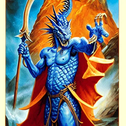 Image similar to half length portrait of a medieval d & d fantasy anthropomorphic blue dragon - human hybrid sorcerer, d & d rulebook cover art by jeff easley