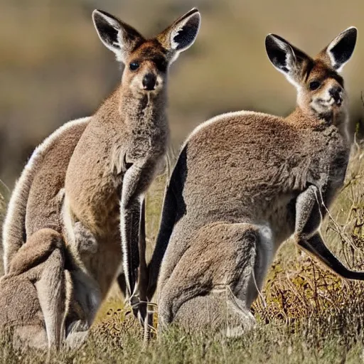 Prompt: photo of three kangaroos in their mother's pouch together. extreme detail, hyperrealistic photo