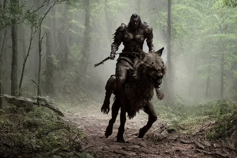 Image similar to vfx movie closeup detailed ancient armored warrior orc hunting riding large wolf in the forest, natural lighting by emmanuel lubezki