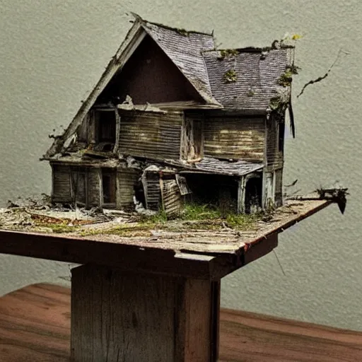 Image similar to a scale model of an abandoned house overtaken by nature sitting on a table inside of the same house