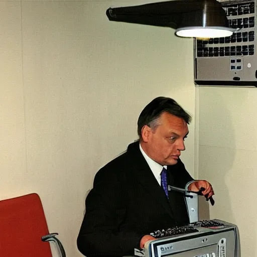 Image similar to viktor orban programming a vintage computer in a cubicle, oil painting