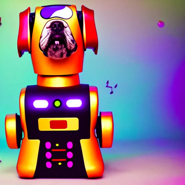 Prompt: a furry dog robot generating beautiful music, colorful, vivid