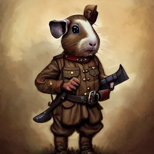 Prompt: cute little anthropomorphic Guinea Pig ww1 soldier, tiny, small, short, military outfit, cute and adorable, pretty, beautiful, DnD character art portrait, matte fantasy painting, DeviantArt Artstation, by Jason Felix by Steve Argyle by Tyler Jacobson by Peter Mohrbacher, cinema