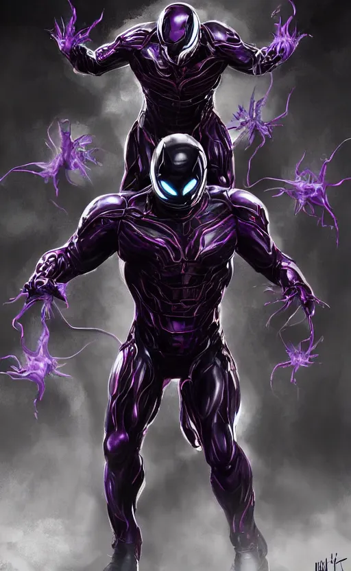 Image similar to venom in a venom inspired ironman suit, purple, black and red, dynamic lighting, photorealistic fantasy concept art, trending on art station, stunning visuals, terrifying, creative, cinematic