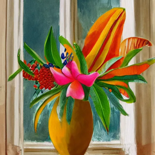 Prompt: colorful tropical fruits, leaves and flowers by a french window, summer, vibrant nature, still - life, fine art, intricate details, elegance, sophisticated