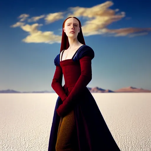 Image similar to photographic portrait of a stunningly beautiful middle ages renaissance female in strong sunshine on a salt flat, contemporary fashion shoot, by edward robert hughes, annie leibovitz and steve mccurry, david lazar, jimmy nelsson, breathtaking, 8 k resolution, extremely detailed, beautiful, establishing shot, artistic, hyperrealistic, beautiful face, octane render