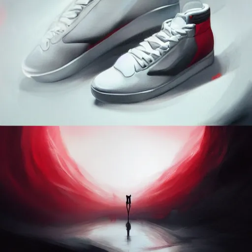 Prompt: concept art of a sneaker, end of everything, in the style of andrei riabovichev, peter mohrbacher, volumetric lighting, surreal, red + white + black complicated colors