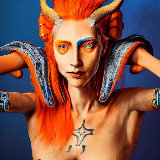 Image similar to illustrated portrait of skinny prominently ram-horned woman with orange skin and blue hair wearing leather armor, hyper detailed, photorealistic