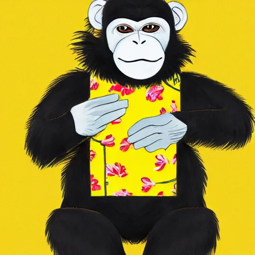 Image similar to a monkey in a yellow kimono, pink background