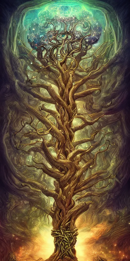 Prompt: Yggdrasil is the gate to the Nine Realms, fantasy, digital art, HD, detailed, cosmic, magic