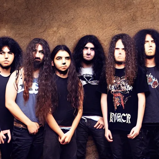 Prompt: group of ethnically diverse 19-year-old boys and girls with long permed wavy hair, stoner rock, traditional heavy metal, heavy rock, band promo image, 2022 HD photograph