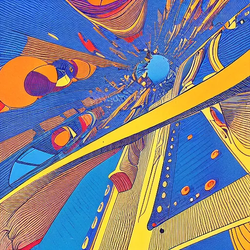 Image similar to A bird's-eye view futurism by jean giraud detailed illustration