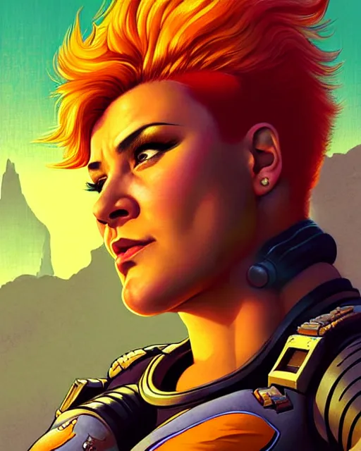 Prompt: zarya from overwatch, character portrait, portrait, close up, concept art, intricate details, highly detailed, vintage sci - fi poster, retro future, in the style of chris foss, rodger dean, moebius, michael whelan, and gustave dore