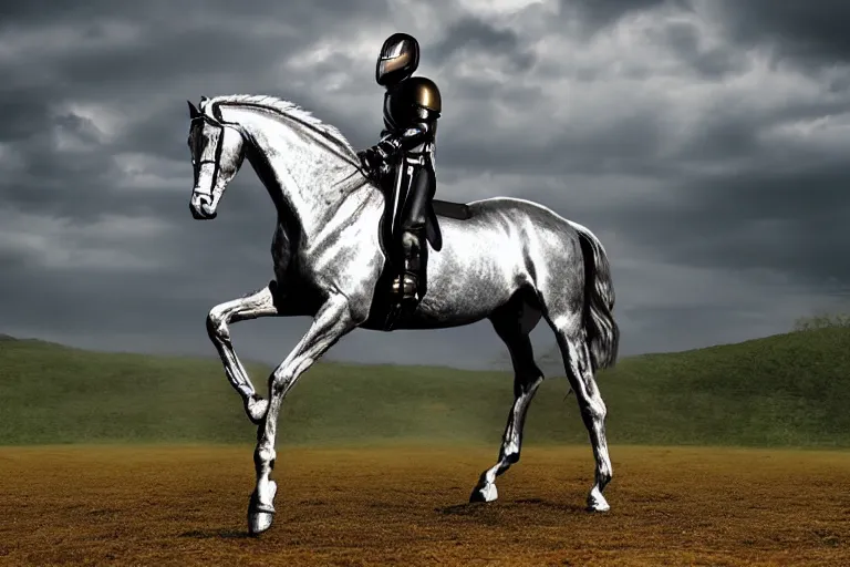 Image similar to knight horse, chrome, reflect, ultra realistic!!!, clear weather, golden hour, sharp focus