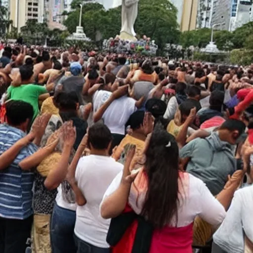 Image similar to people praying for a big statue of Jair bolsonaro