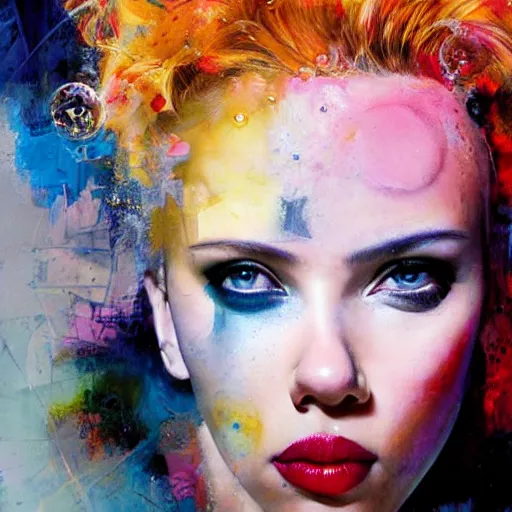 Image similar to scarlett johansson as delirium from sandman, ( hallucinating colorful soap bubbles ), by jeremy mann, by sandra chevrier, by dave mckean and richard avedon and maciej kuciara, punk rock, tank girl, high detailed, 8 k