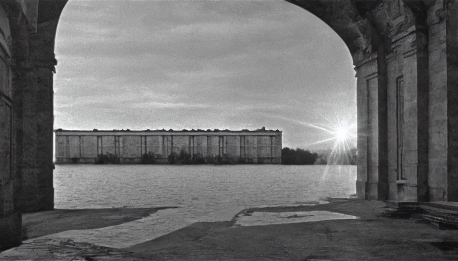 Prompt: 1 9 7 0 s movie still by andrei tarkovsky of a noneuclidian palace with a lake in the middle, by piranesi, panoramic, ultra wide lens, cinematic light, flare, anamorphic