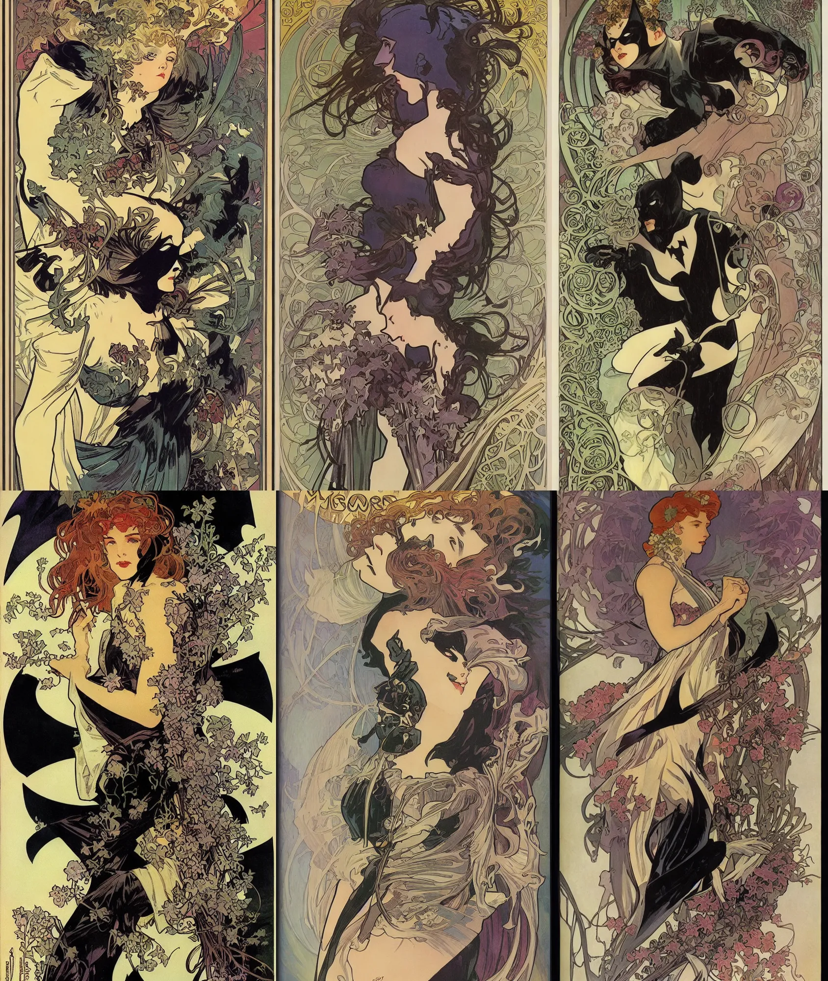 Prompt: A Batman comic book cover by Alphonse Mucha, full size, floral, brooding
