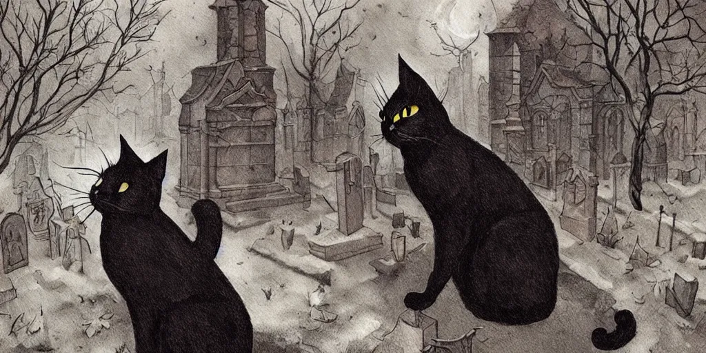 Image similar to black cat in graveyard at midnight halloween tattoo on shoulder by anton pieck, intricate, extremely detailed, digital painting, artstation concept art