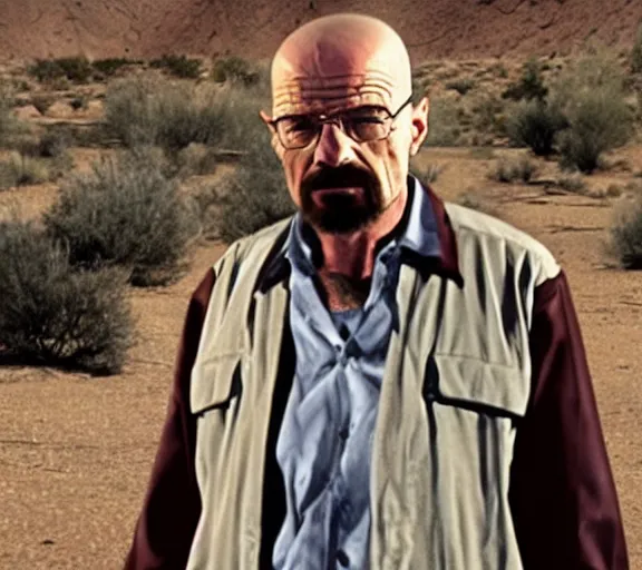 Image similar to walter white rapping in the desert, realistic, movie still