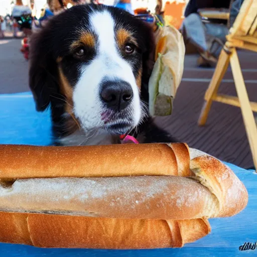 Image similar to san bernardo dog eating a baguette, photography