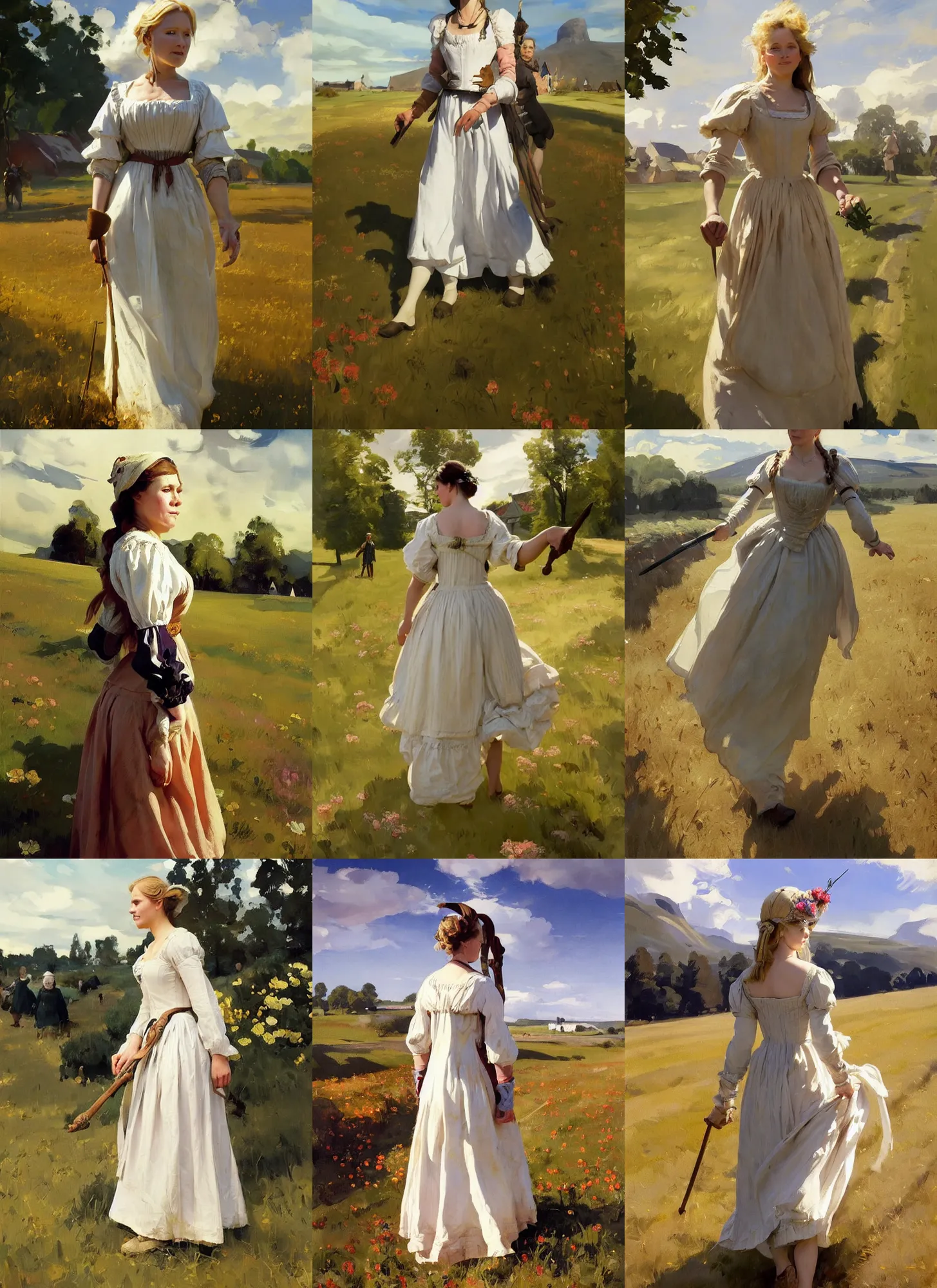 Image similar to finnish norway scandinavian attractive village maiden wearing 1 7 th century bodice walking in the field in a sunny day, jodhpurs greg manchess painting by sargent and leyendecker, studio ghibli, fantasy, medium shot, asymmetrical, intricate, elegant, matte painting, illustration, hearthstone, by greg rutkowski, by greg tocchini, by james gilleard