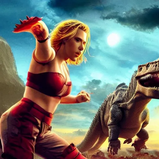 Prompt: scarlett johansson fighting a dinosaur, video game cover, high quality