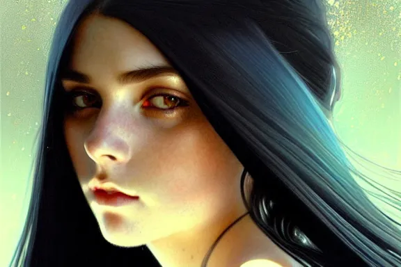 Image similar to portrait of teenage girl with long glossy black hair, blue eyes, glowing skin, fashion model features, fantasy, intricate, elegant, black dress, highly detailed, digital painting, artstation, concept art, smooth, sharp focus, illustration, art by Krenz Cushart and Artem Demura and alphonse mucha