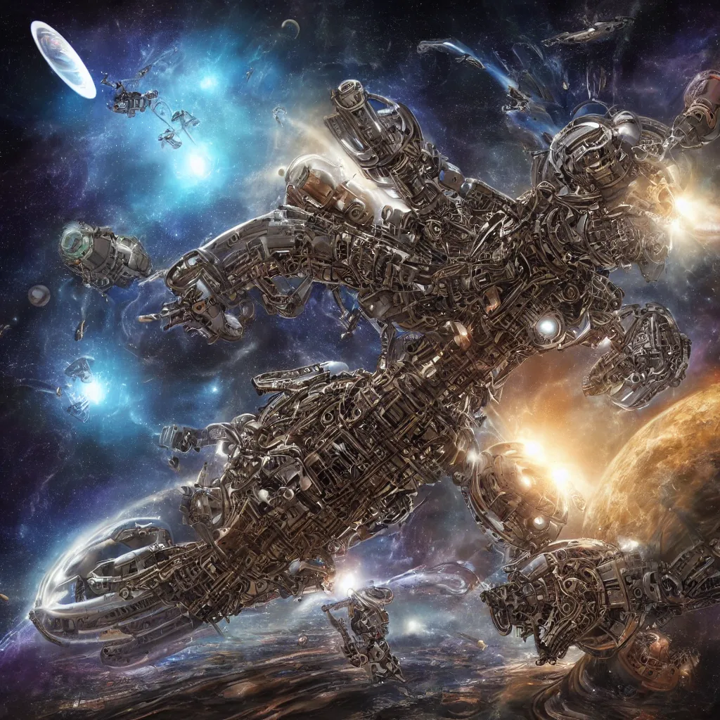 Image similar to mechanical humanoid alien god attacking planets in space, art by mark cooper, 8 k, hyper detailed, hdr, intricate, masterpiece, in the style of mark cooper