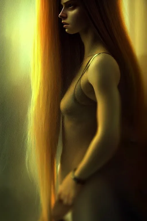 Image similar to epic professional digital art, girl with long hair, atmospheric lighting, painted, complex, detailed, sinister background, magdalena pagowska, epic, stunning, gorgeous, very wow, cinematic, masterpiece.