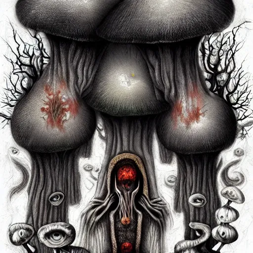 Image similar to the dark and ominous mushroom spirit tribe that wants you to bite off your own tongue so they can keep it for themselves, in a psychedelic darkfantasy style by amanda sage and anton semenov